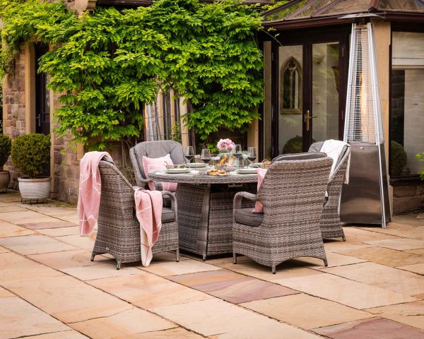 4 Seat Rattan Garden Dining Set With Round Table in Grey With Fire Pit - Marseille - Rattan Direct